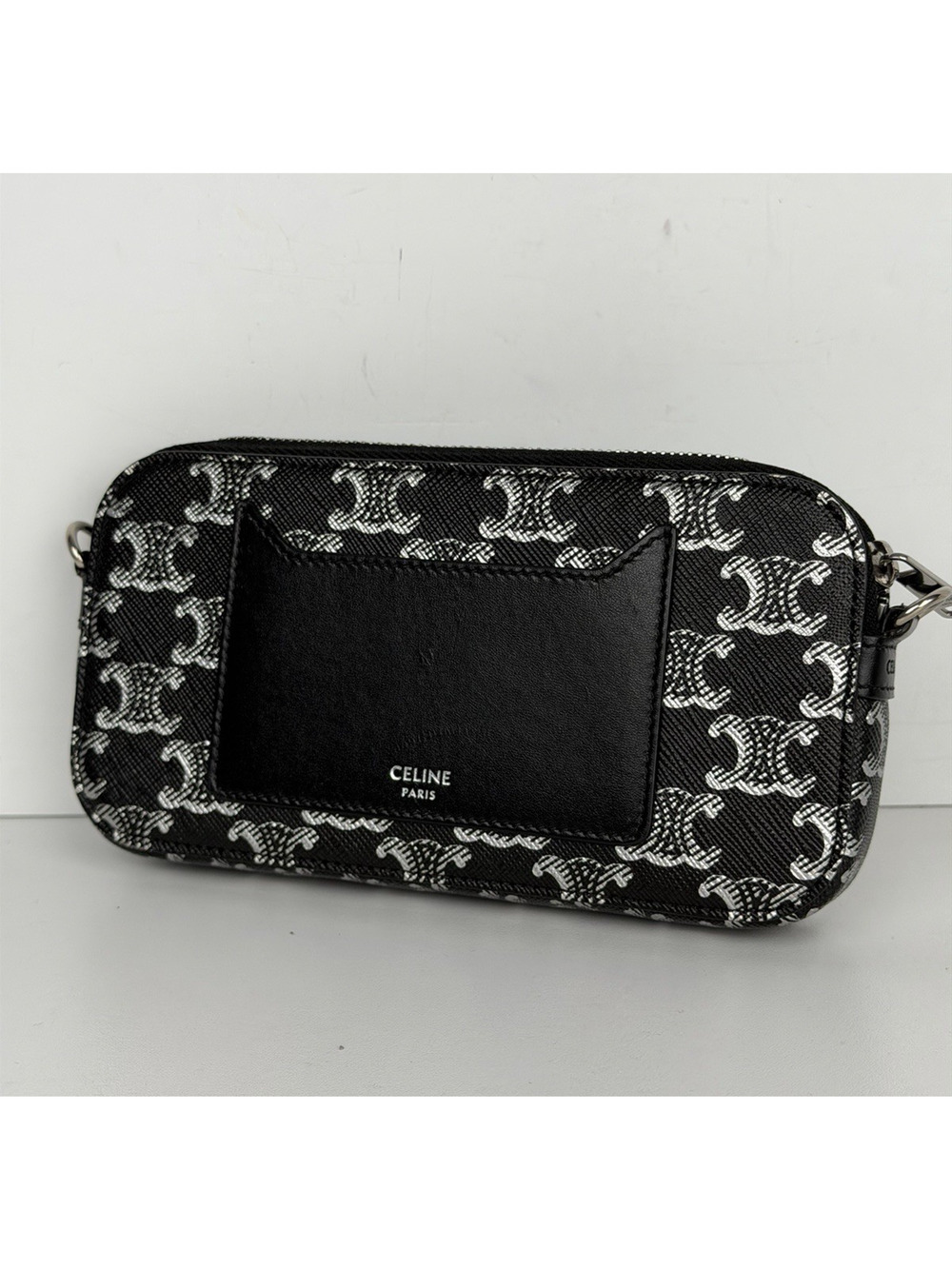 Celine Triomphe Horizontal Pouch Black Coated Canvas Smooth Calfskin Trim K2